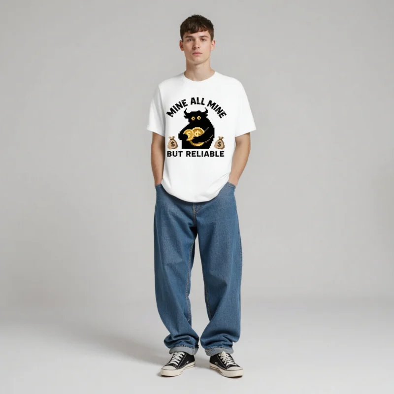 Mine All Mine But Reliable Unisex T-Shirt - Pixel Bull with Coins & Bags - Image 4