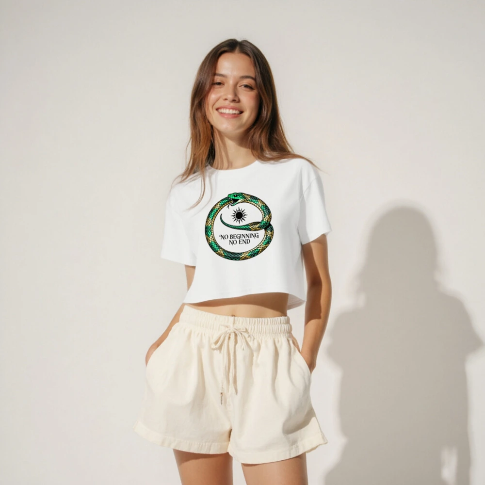 Women's Green & Gold Snake Crop Top - 'No Beginning No End' Ouroboros Design - Image 4