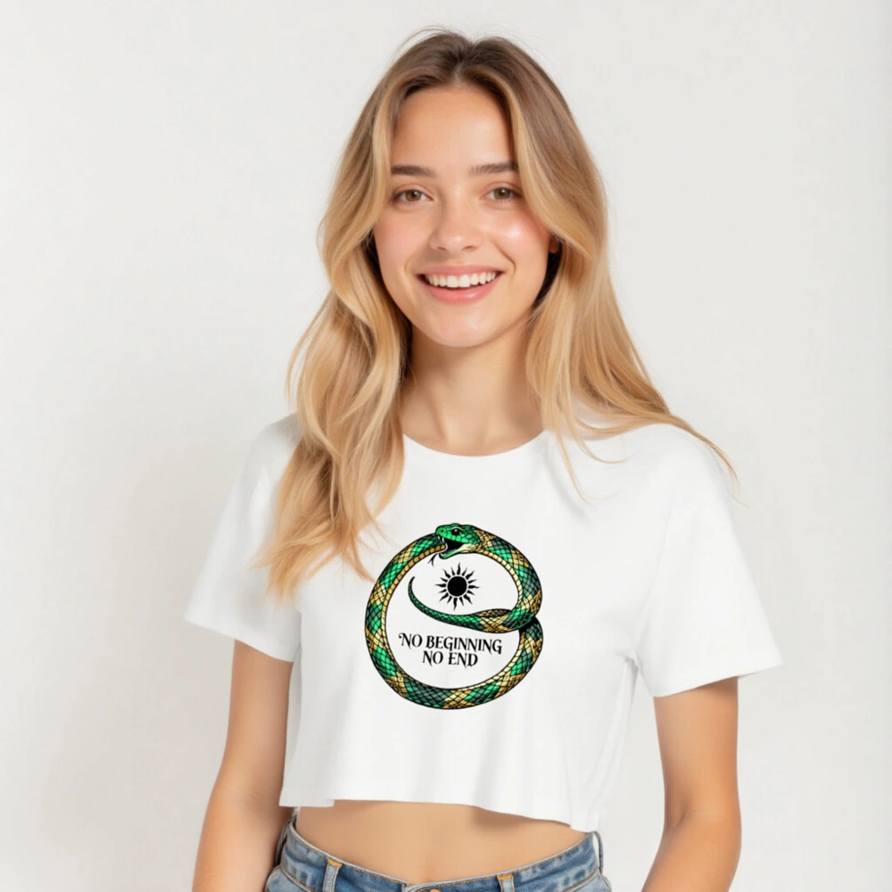 Women's Green & Gold Snake Crop Top - 'No Beginning No End' Ouroboros Design - Image 5