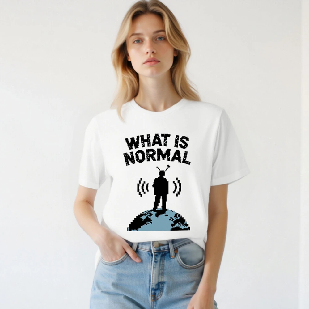 What Is Normal? Unisex Staple T-Shirt - Pixel Art TV on Globe Design - Image 2