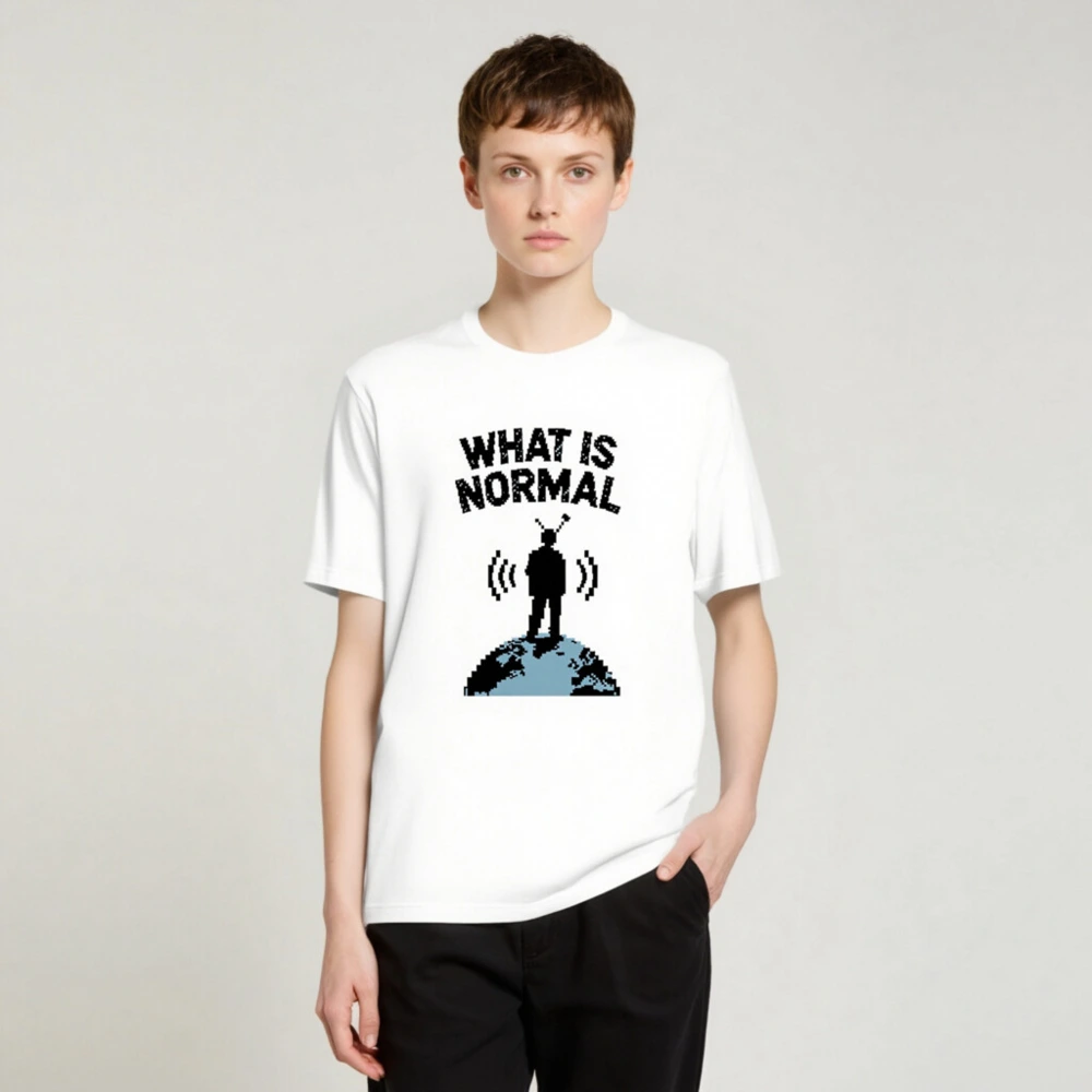 What Is Normal? Unisex Staple T-Shirt - Pixel Art TV on Globe Design - Image 3