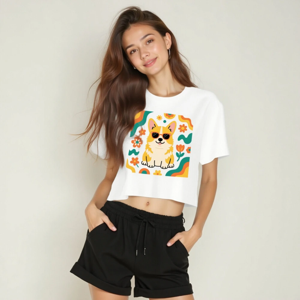 Women's Crop Top with Corgi Sunnies & Floral Pattern - Short Sleeve T-Shirt - Image 6