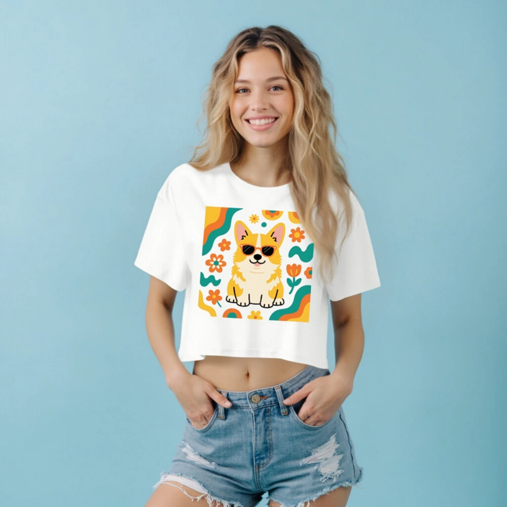 Women's Crop Top with Corgi Sunnies & Floral Pattern - Short Sleeve T-Shirt - Image 7