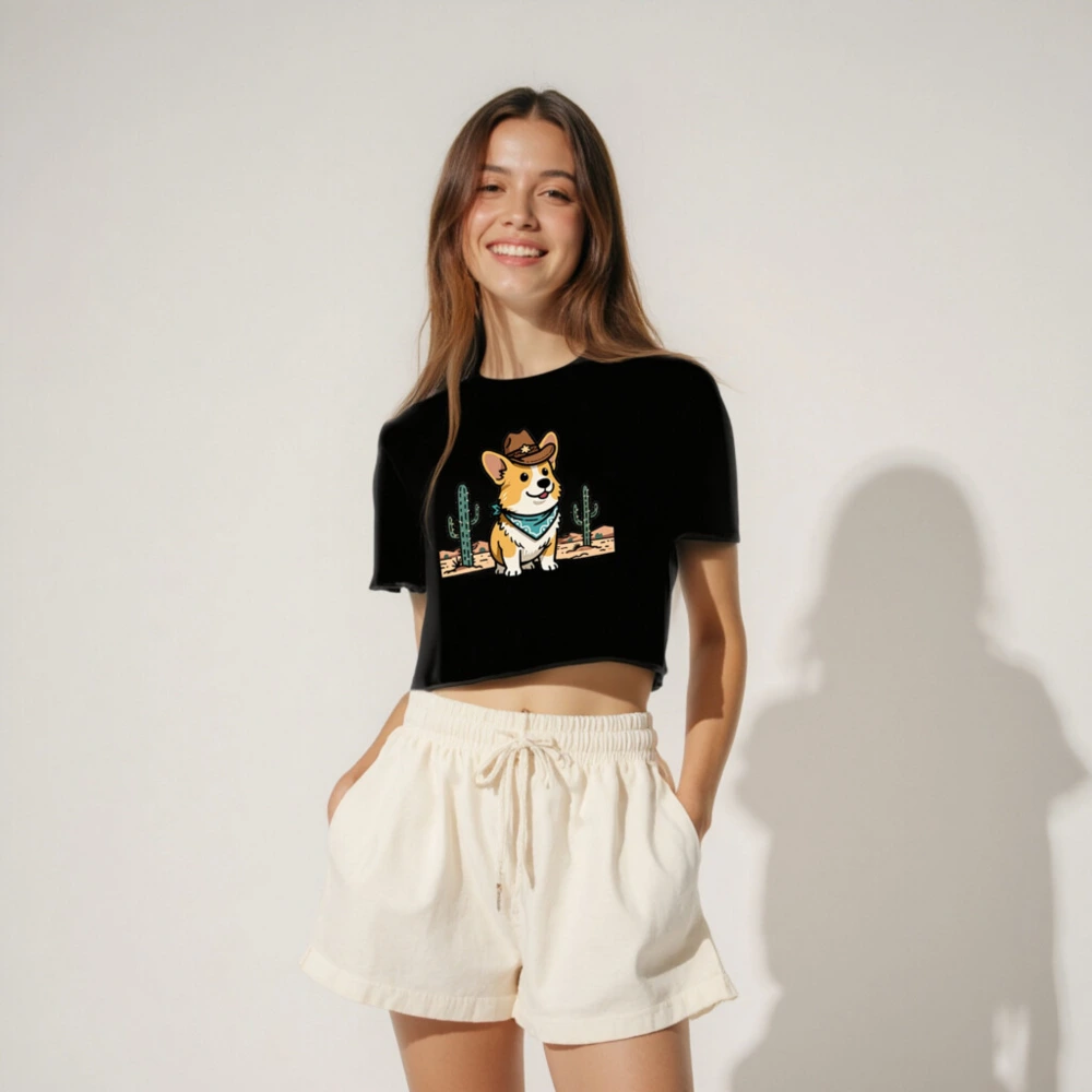 Cowboy Corgi Women's Crop Top - Western Desert Design, Short Sleeve - Image 4