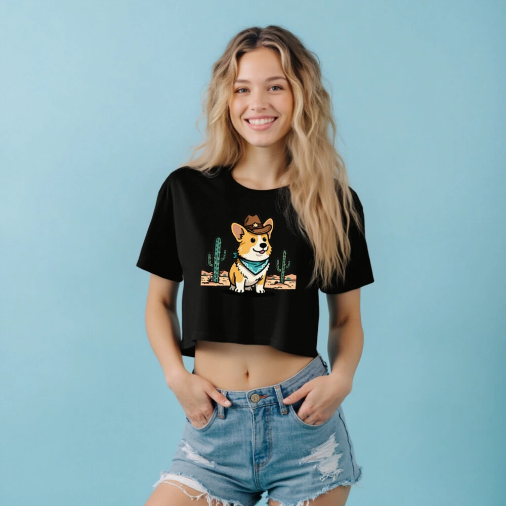 Cowboy Corgi Women's Crop Top - Western Desert Design, Short Sleeve - Image 6