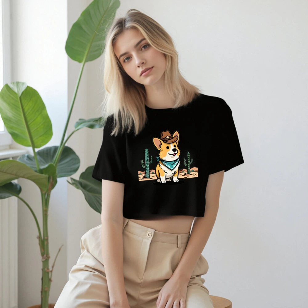 Cowboy Corgi Women's Crop Top - Western Desert Design, Short Sleeve - Image 7