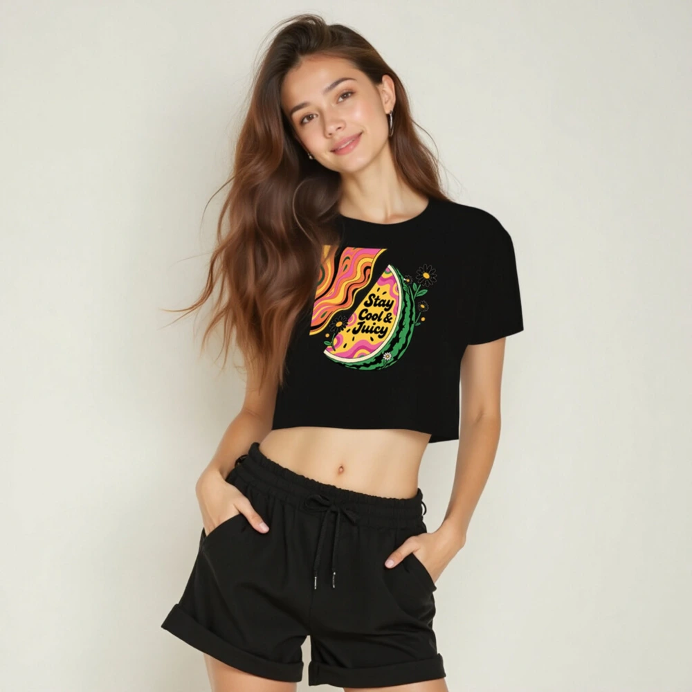 Women's Crop Top - Stay Cool & Juicy Watermelon Design, Short Sleeve - Image 4