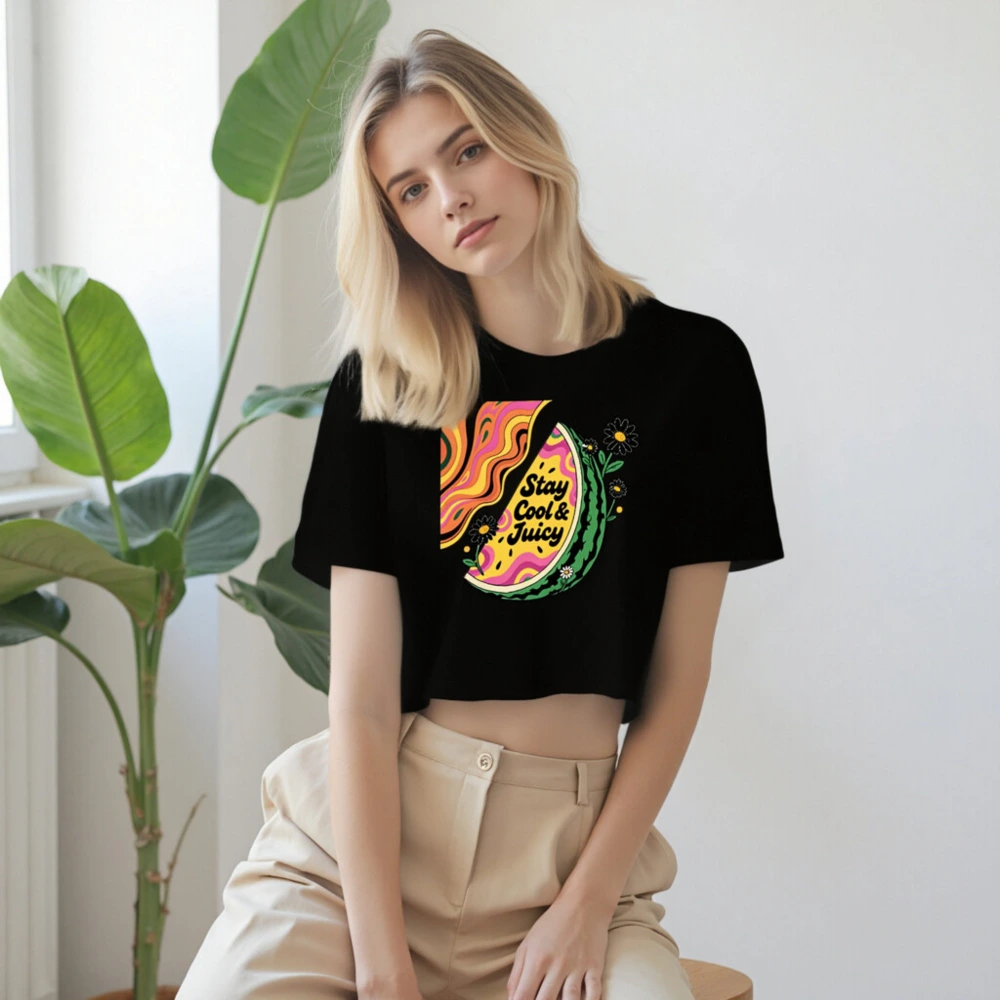 Women's Crop Top - Stay Cool & Juicy Watermelon Design, Short Sleeve - Image 6