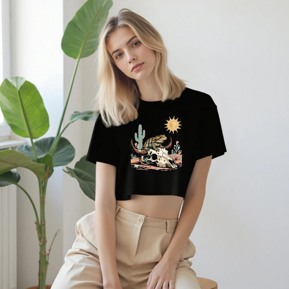 Women's Crop Top with Iguana on Skull & Cactus Desert Design - Image 7