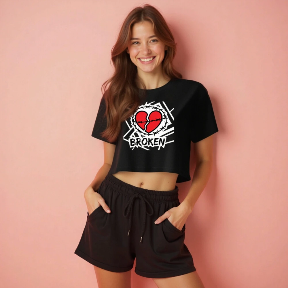 Women's Broken Heart Crop Top - Barbed Wire Heart Design, Black Short Sleeve - Image 2
