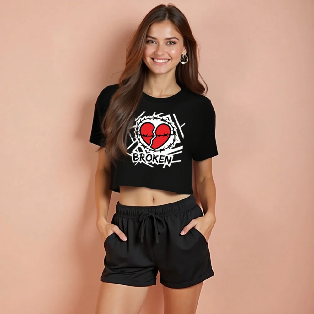 Women's Broken Heart Crop Top - Barbed Wire Heart Design, Black Short Sleeve - Image 3