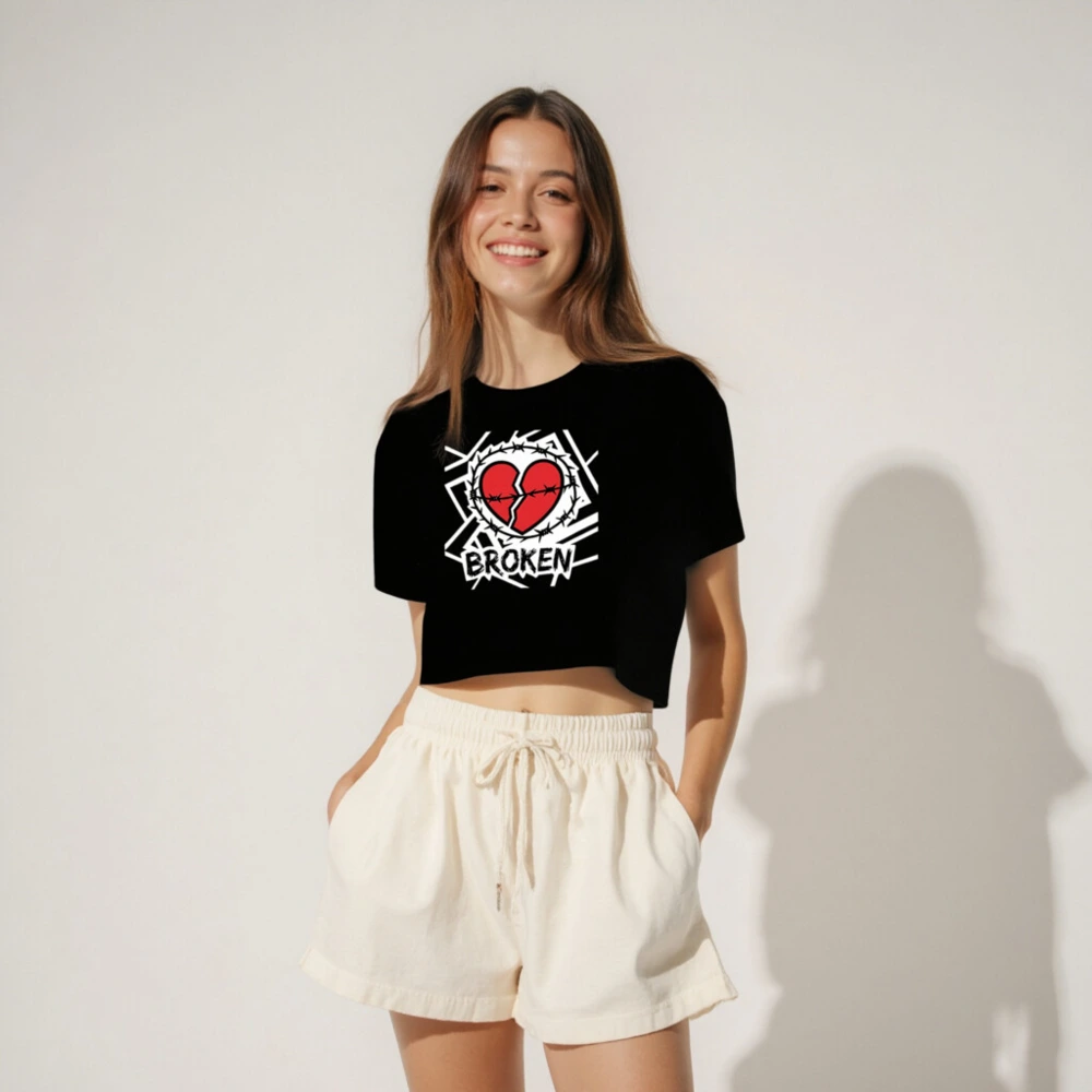 Women's Broken Heart Crop Top - Barbed Wire Heart Design, Black Short Sleeve - Image 4