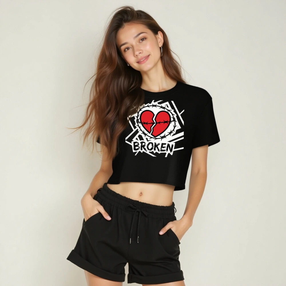 Women's Broken Heart Crop Top - Barbed Wire Heart Design, Black Short Sleeve - Image 5