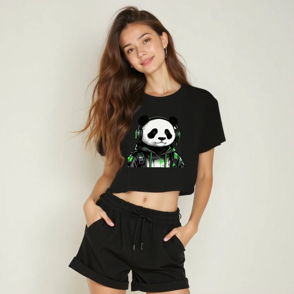 Women's Crop Top with Panda Gamer Design, Green Neon Hoodie & Headphones - Image 5