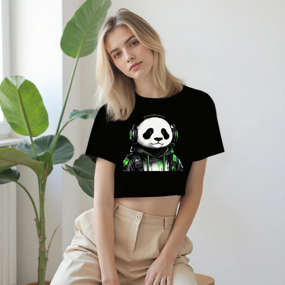 Women's Crop Top with Panda Gamer Design, Green Neon Hoodie & Headphones - Image 7