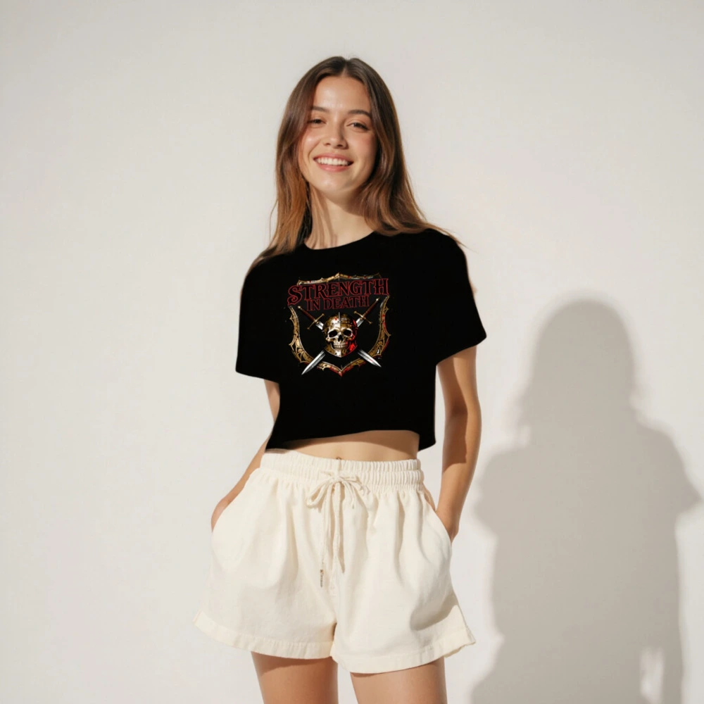 Women's Crop Top - Strength in Death Skull & Swords Graphic Tee - Image 4