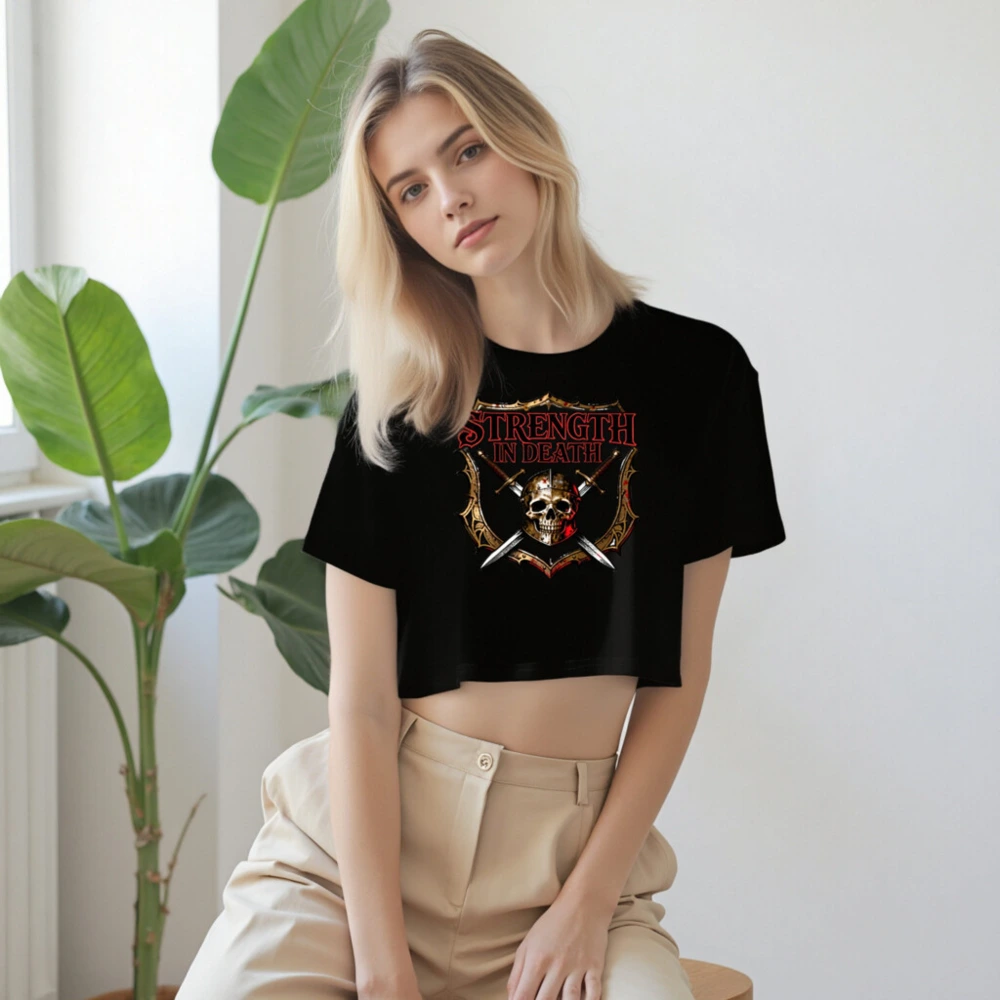 Women's Crop Top - Strength in Death Skull & Swords Graphic Tee - Image 7