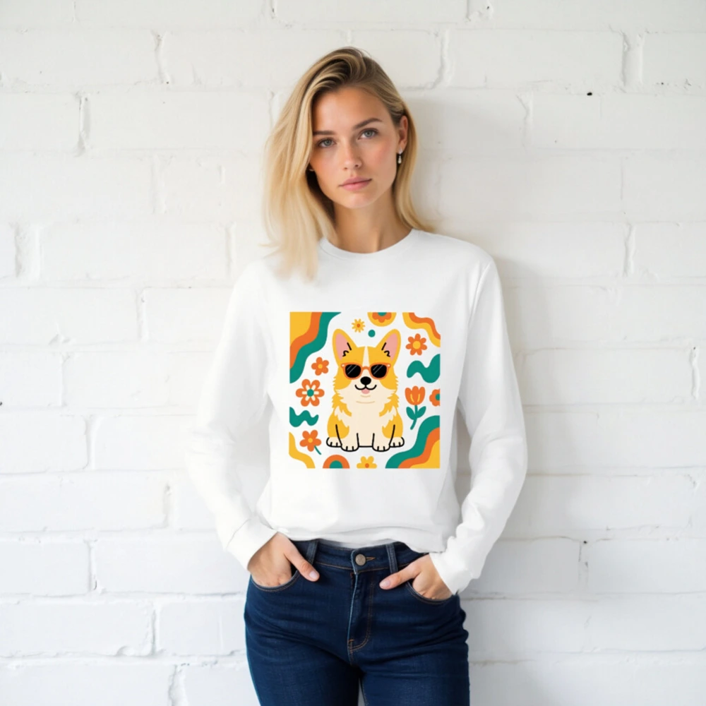 Corgi with Sunglasses Unisex Long Sleeve Tee - Retro Floral Dog Design - Image 2