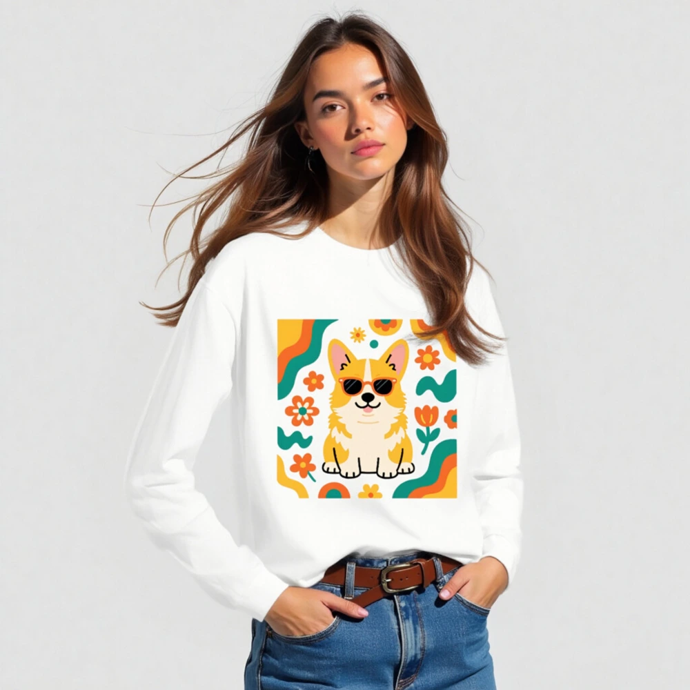 Corgi with Sunglasses Unisex Long Sleeve Tee - Retro Floral Dog Design - Image 3