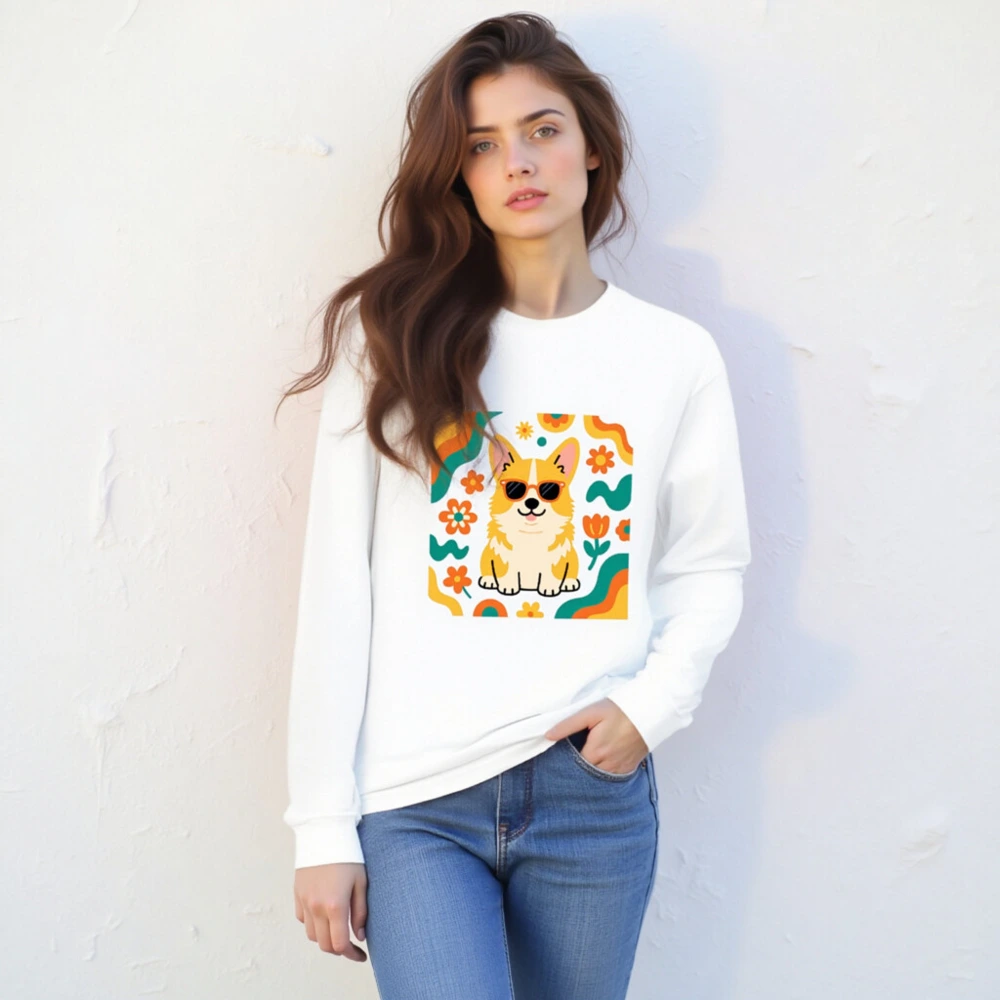 Corgi with Sunglasses Unisex Long Sleeve Tee - Retro Floral Dog Design - Image 4