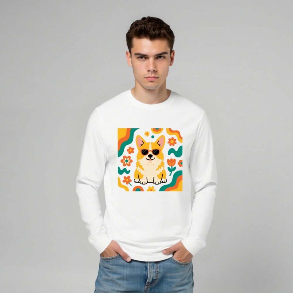 Corgi with Sunglasses Unisex Long Sleeve Tee - Retro Floral Dog Design - Image 6