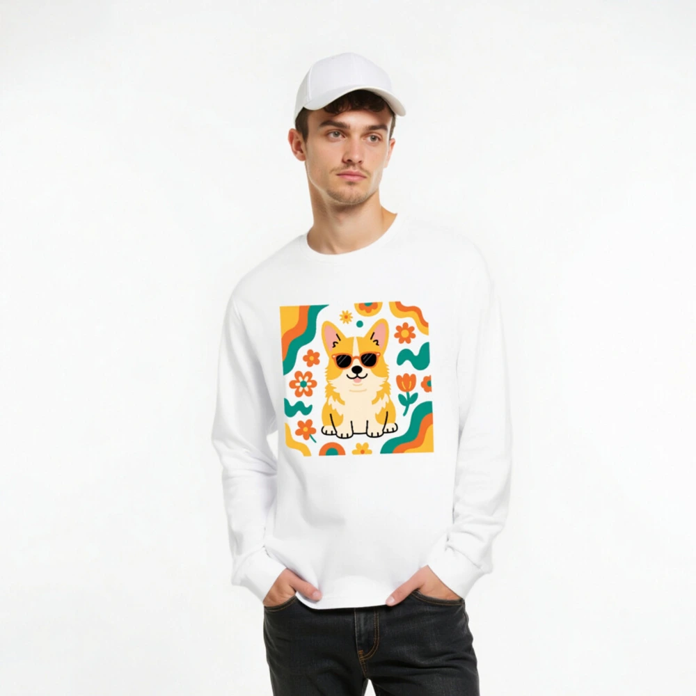 Corgi with Sunglasses Unisex Long Sleeve Tee - Retro Floral Dog Design - Image 7