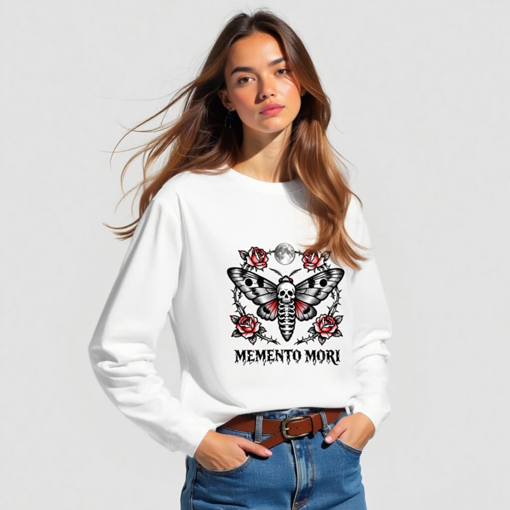 Memento Mori Moth Long Sleeve Tee - Gothic Skull & Roses Unisex Shirt - Image 3