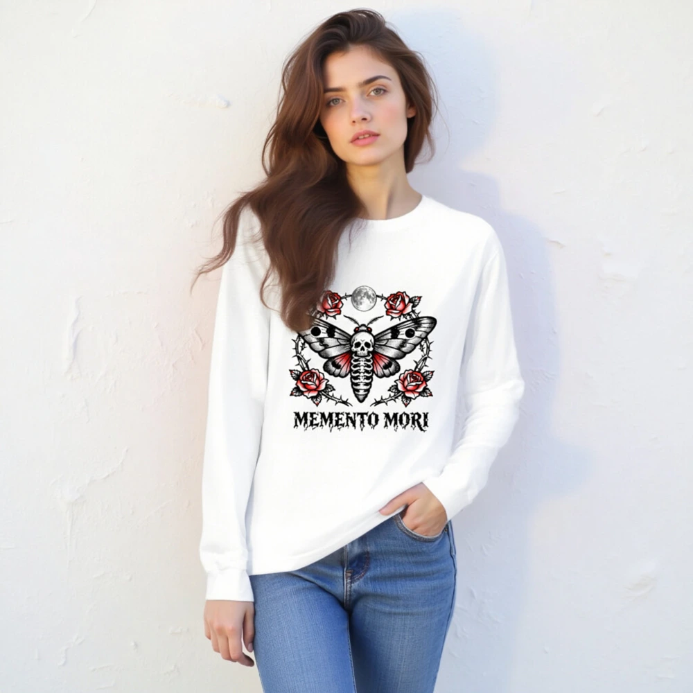Memento Mori Moth Long Sleeve Tee - Gothic Skull & Roses Unisex Shirt - Image 4