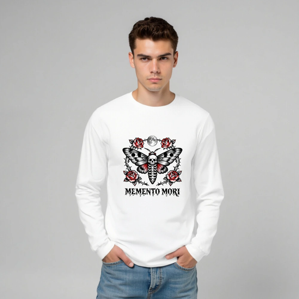 Memento Mori Moth Long Sleeve Tee - Gothic Skull & Roses Unisex Shirt - Image 6