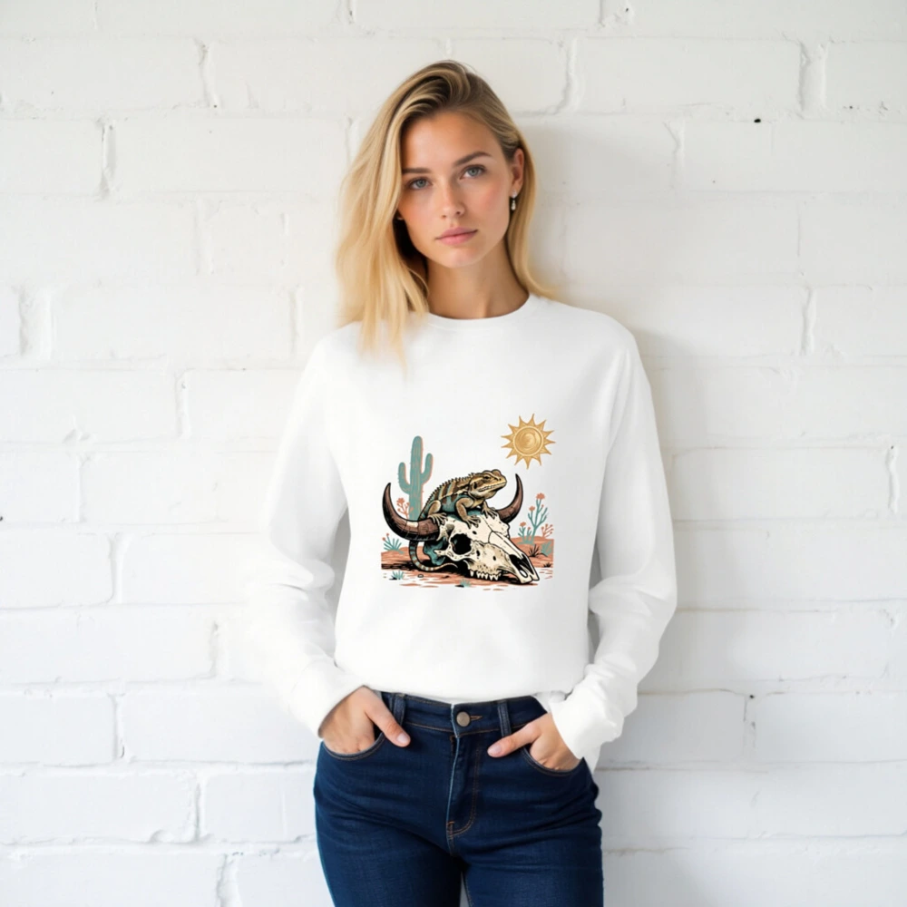 Desert Lizard on Buffalo Skull Long Sleeve Tee - Unisex Western Style - Image 2
