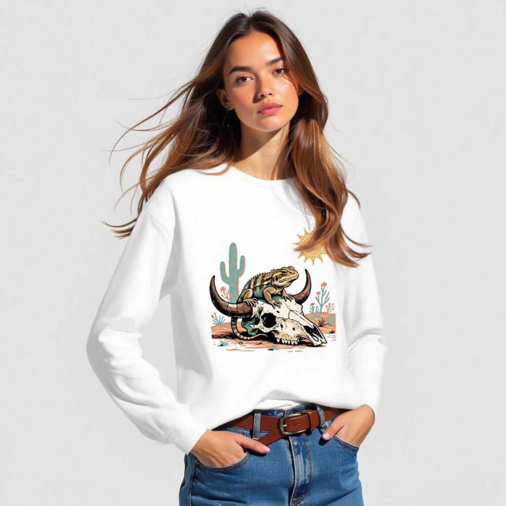 Desert Lizard on Buffalo Skull Long Sleeve Tee - Unisex Western Style - Image 3