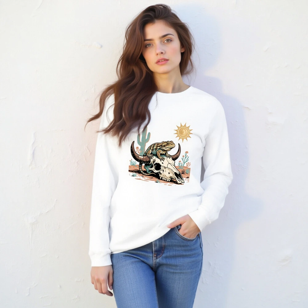 Desert Lizard on Buffalo Skull Long Sleeve Tee - Unisex Western Style - Image 4