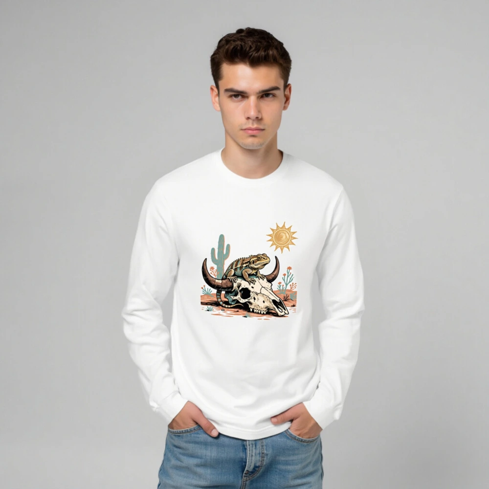 Desert Lizard on Buffalo Skull Long Sleeve Tee - Unisex Western Style - Image 6