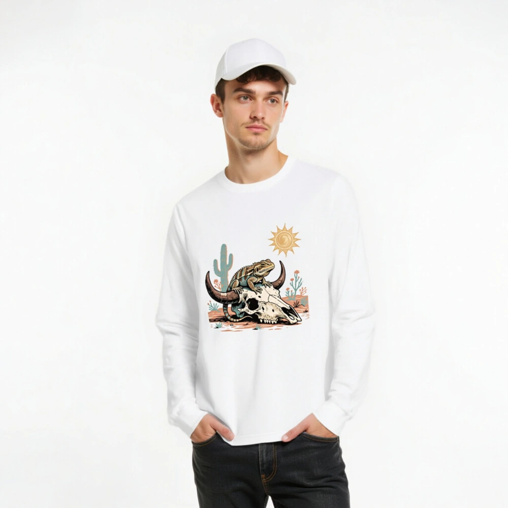 Desert Lizard on Buffalo Skull Long Sleeve Tee - Unisex Western Style - Image 7