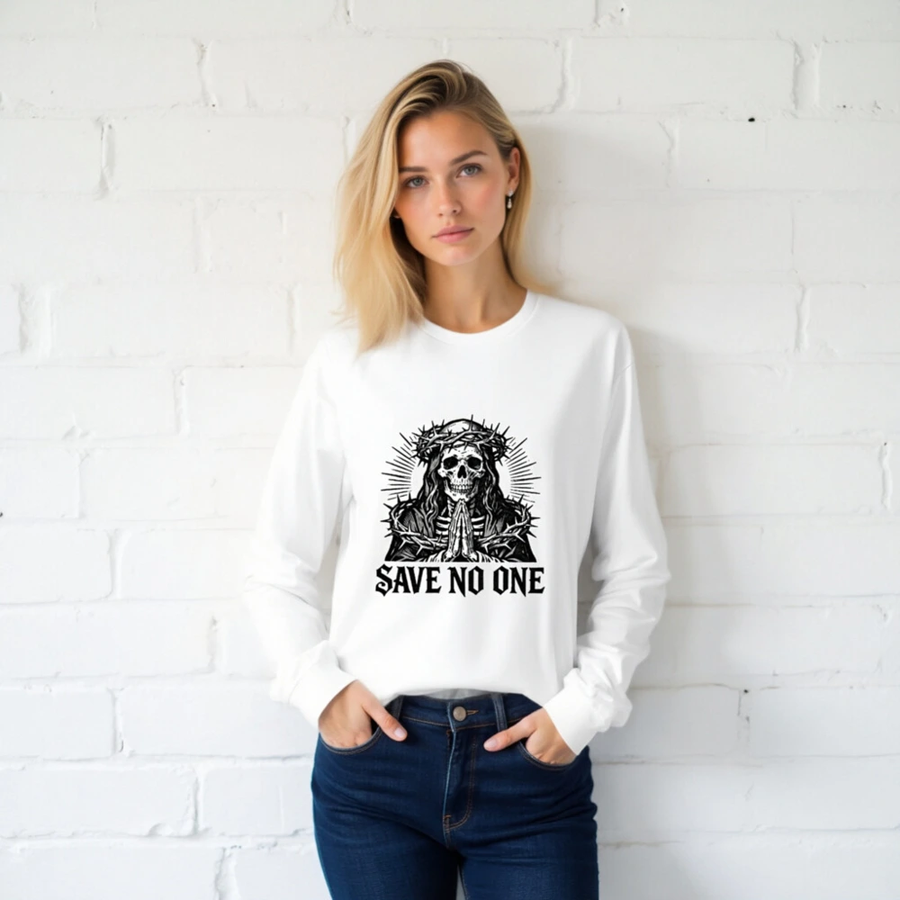Unisex Long Sleeve Tee - Skull with Crown of Thorns, Praying Hands, 'Save No One' Gothic Design - Image 2
