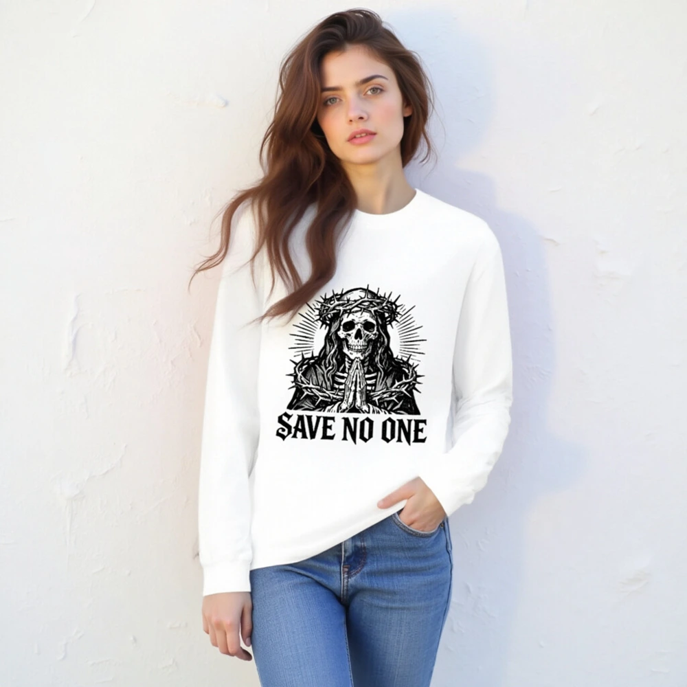 Unisex Long Sleeve Tee - Skull with Crown of Thorns, Praying Hands, 'Save No One' Gothic Design - Image 4