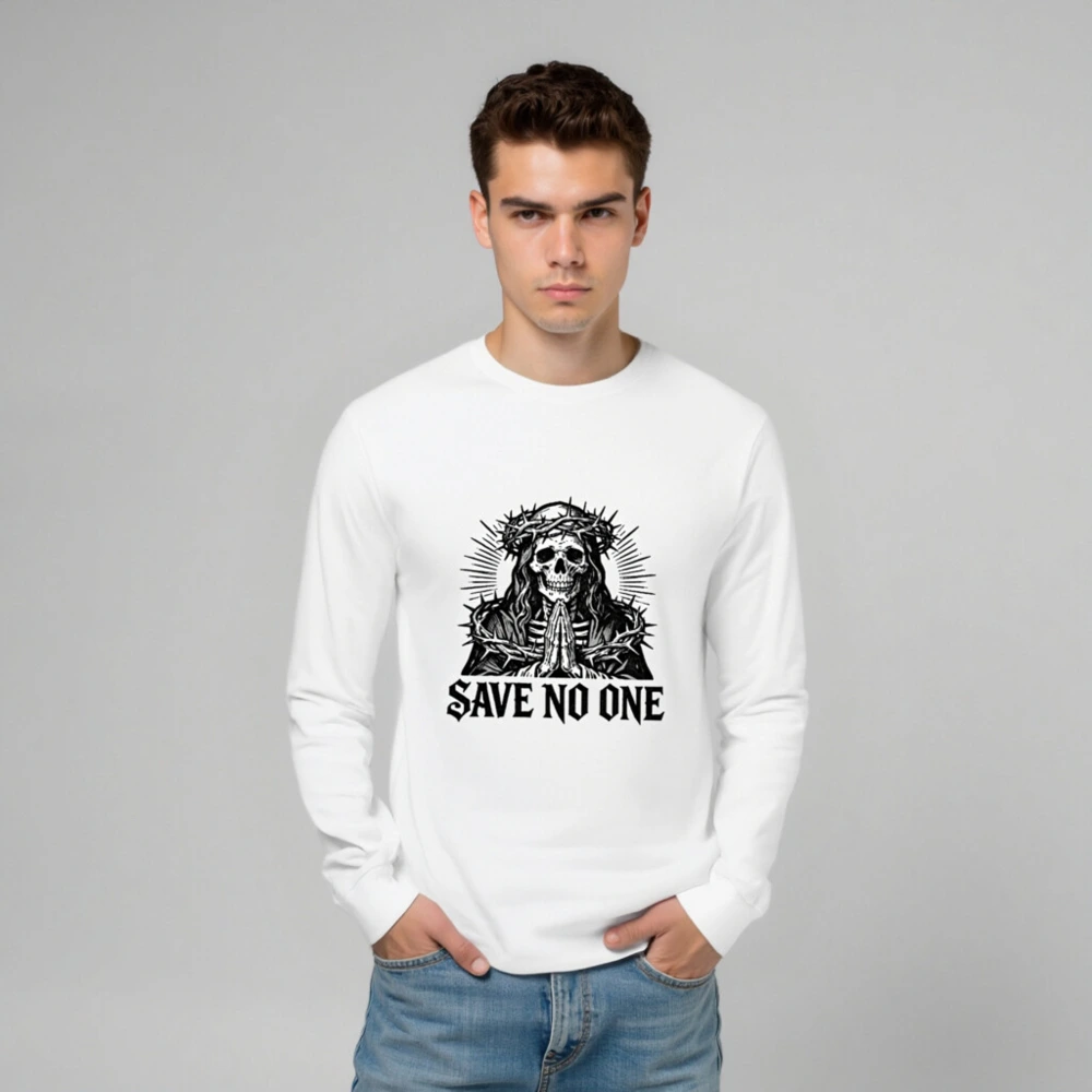 Unisex Long Sleeve Tee - Skull with Crown of Thorns, Praying Hands, 'Save No One' Gothic Design - Image 6