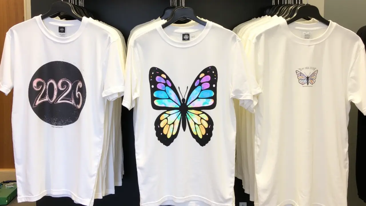 Assortment of 2026 t-shirt prints: vintage band logo, Y2K graphic, and minimalist embroidery