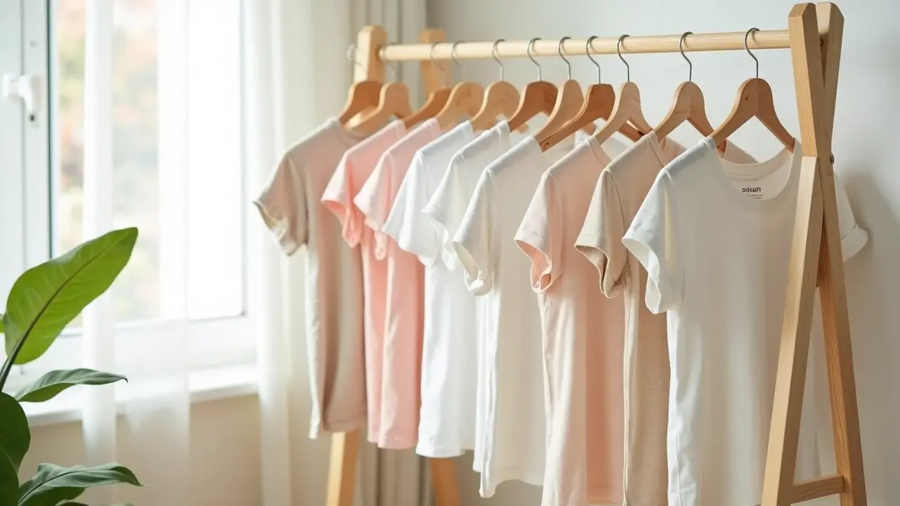 Cotton t-shirts drying on a wooden indoor drying rack near a sunlit window