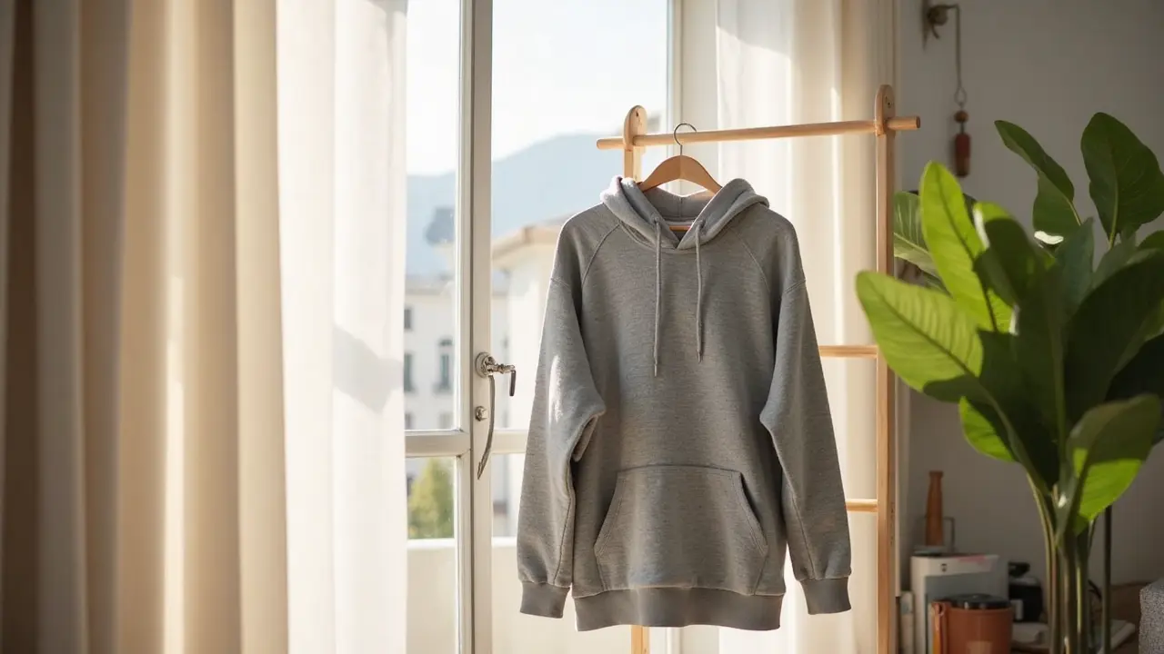 Hoodie hanging on a drying rack near an open window with sunlight