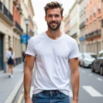 Man wearing a white t-shirt with blue jeans and white sneakers, sleeves rolled up, standing casually on a city street.