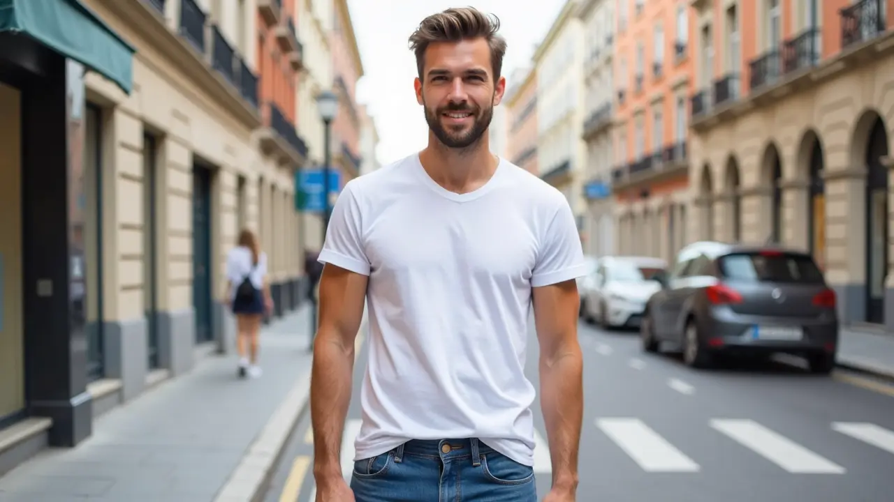 Man wearing a white t-shirt with blue jeans and white sneakers, sleeves rolled up, standing casually on a city street.