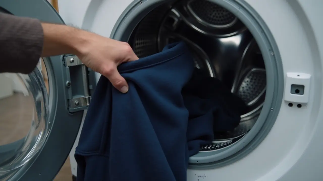 Hoodie being placed inside a washing machine on gentle cycle with cold water