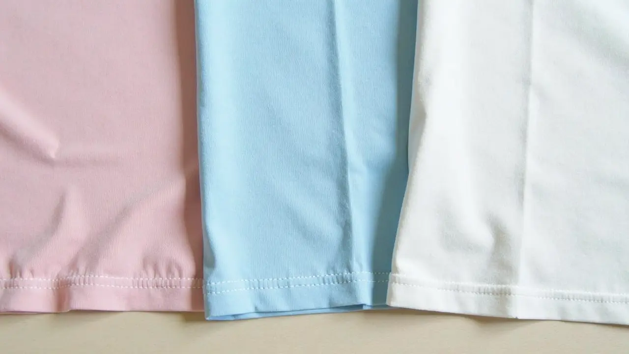 Close-up of different t-shirt fabrics: cotton, polyester blend, and combed cotton
