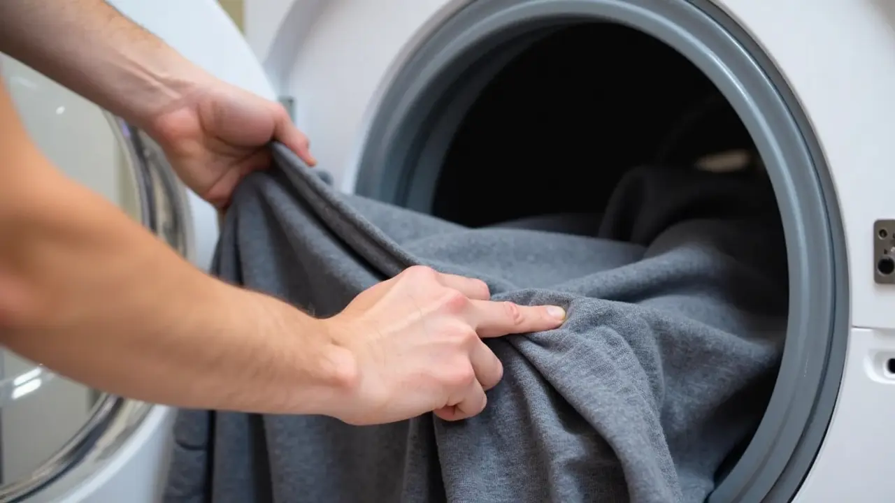 Hand placing a graphic tee inside out into a washing machine