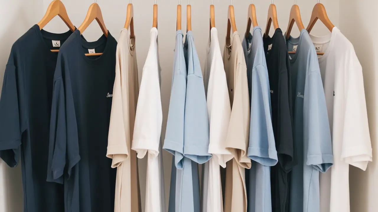 Three clean t-shirts hanging on hangers in a closet with space between them