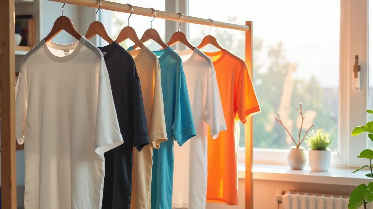 T-shirts laid flat on a drying rack indoors near a window with natural light