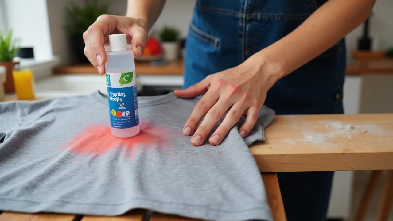 Hand applying stain remover to underarm area of a t-shirt on a washing board