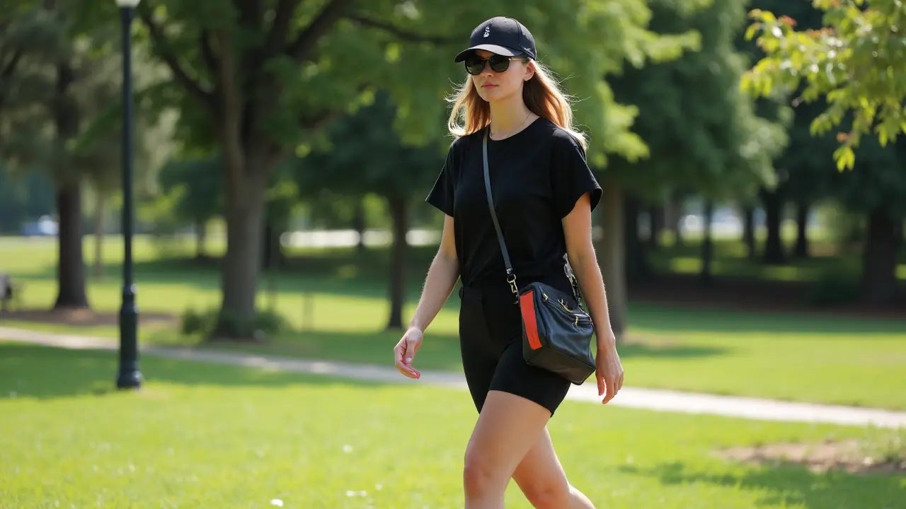 Woman in a black t-shirt and black biker shorts, wearing white dad sneakers, a baseball cap, and carrying a small crossbody bag while walking in a park.