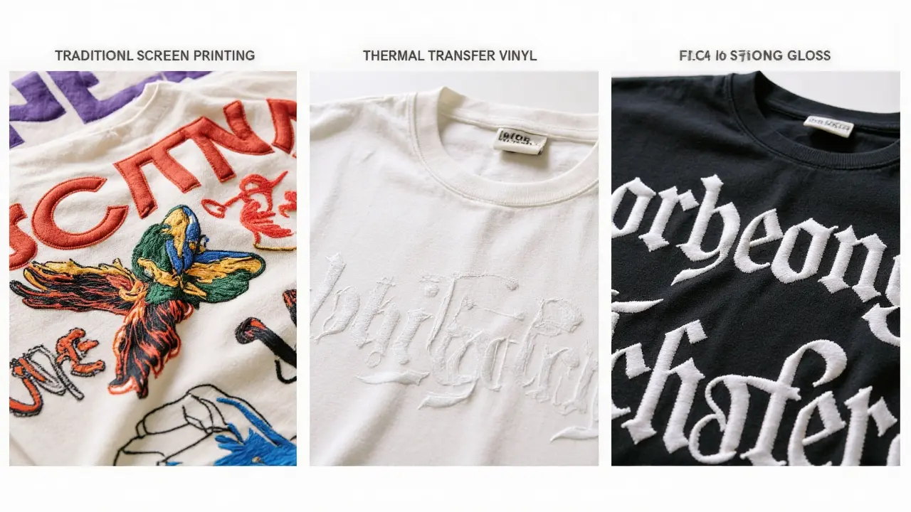 Three t-shirts showing screen print, heat transfer, and embroidered designs